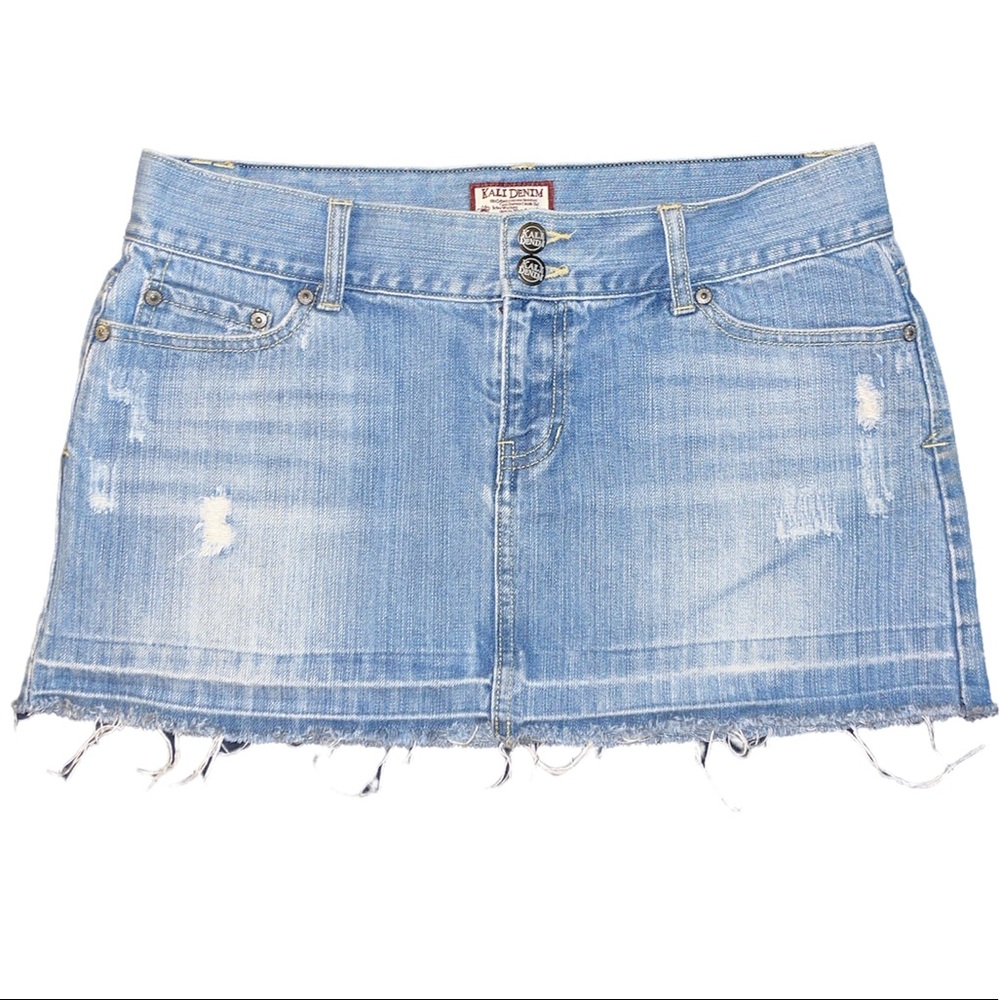Vintage kali denim jean skirt with blue rhinestone pocket detail